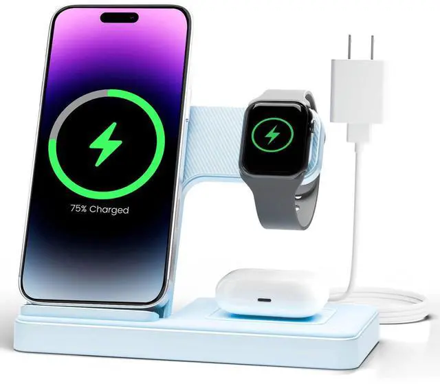 Main image of Wireless Charger Stand Charging Station: 3 in 1 Charger Stand Multiple Devices for Apple - iPhone 17 16e 16 15 14 Pro Max 13 12 11 - Watch 10 9 8 7 6 5 4 3 2 SE and Ultra Series-Airpods 4 3 Pro, Blue