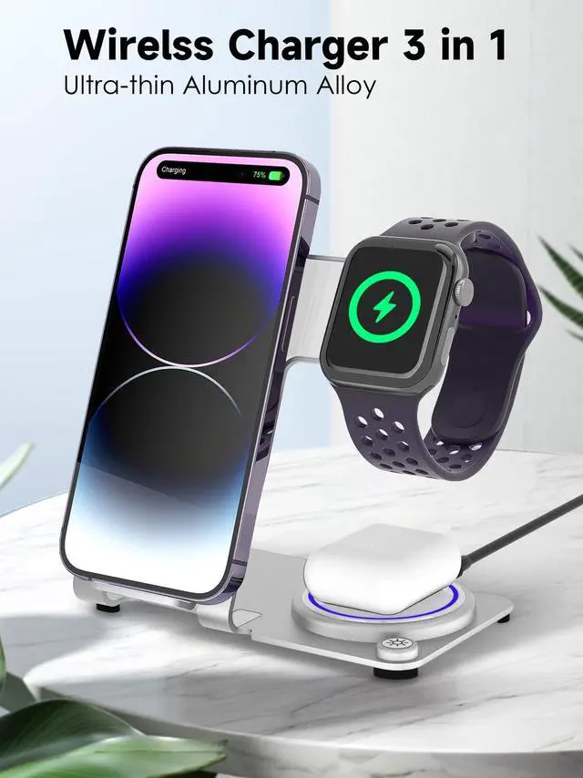 Alt view image 2 of 7 - Wireless Charger 3 in 1,Aluminum Alloy Wireless Charging Stand 18W Fast Charging for iPhone 15/14/13/12/11/Pro/Max/XS/XR/X/8, iWatch9/8/7/6/5/4/3/2/SE, Airpods Pro/3/2