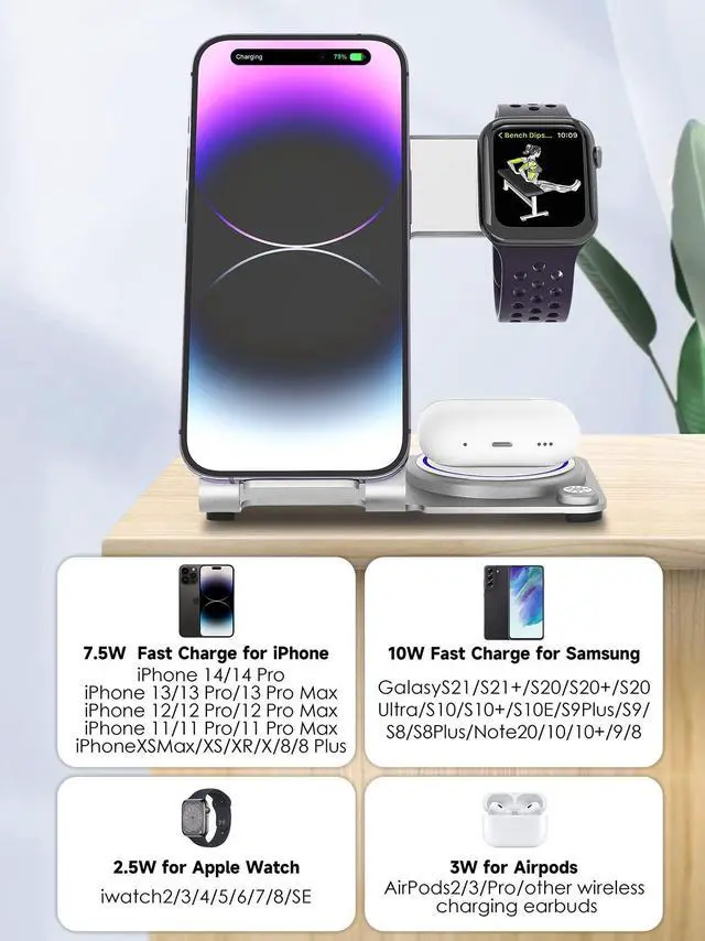 Alt view image 3 of 7 - Wireless Charger 3 in 1,Aluminum Alloy Wireless Charging Stand 18W Fast Charging for iPhone 15/14/13/12/11/Pro/Max/XS/XR/X/8, iWatch9/8/7/6/5/4/3/2/SE, Airpods Pro/3/2