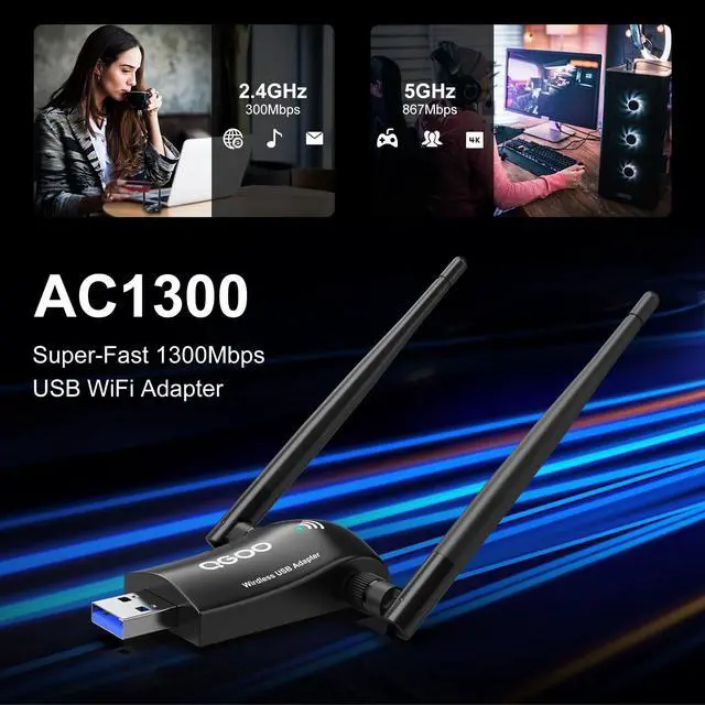 Alt view image 2 of 7 - Wireless WiFi Adapter for Desktop PC - QGOO AC1300Mbps USB 3.0 Network Dongle with 5dBi High Gain Dual Antennas, 2.4GHz/5GHz Dual Band for Laptop Computer Compatible Windows11/10/8