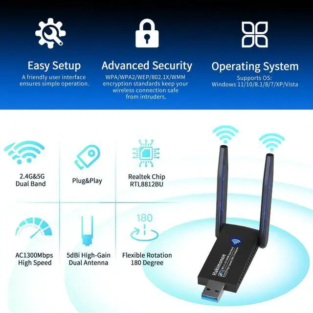 Alt view image 6 of 7 - Hakimonoe USB 3.0 WiFi Adapter for PC Desktop, AC1300Mbps Dual Band 2.4G 5G Wireless Network WiFi Dongle Enhanced Antenna for Laptop Computer Windows11 10 8.1 8 7 Vista XP, Plug n Play w/USB Driver