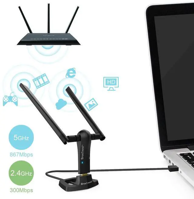 Alt view image 2 of 7 - BrosTrend 1200Mbps Long Range USB WiFi Adapter for PC Desktop Laptop of Windows 11/10/8.1/8/7, Wireless Adapter Dual Band 2.4GHz 300Mbps + 5GHz 867Mbps, 2X 5dBi High Gain Antennas, USB 3.0 Cradle