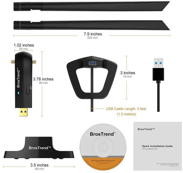 Alt view image 7 of 7 - BrosTrend 1200Mbps Long Range USB WiFi Adapter for PC Desktop Laptop of Windows 11/10/8.1/8/7, Wireless Adapter Dual Band 2.4GHz 300Mbps + 5GHz 867Mbps, 2X 5dBi High Gain Antennas, USB 3.0 Cradle