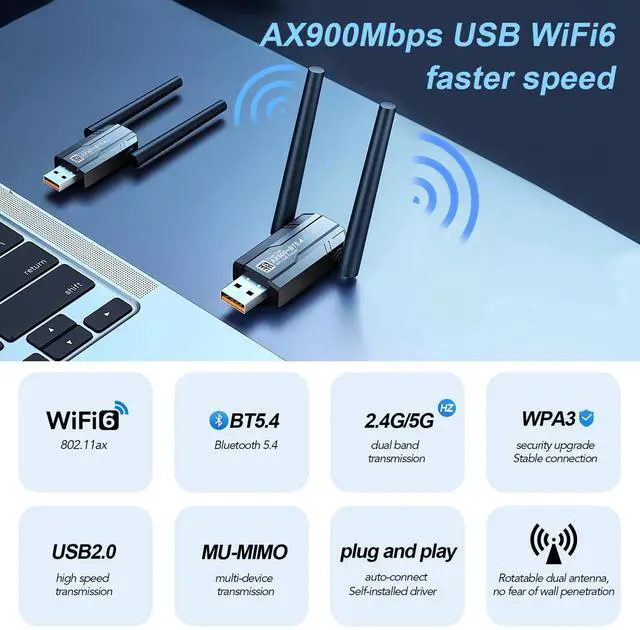 Alt view image 2 of 7 - DragoBud USB WiFi 6 Adapter Bluetooth 5.4, AX900M Dual Band 5/2.4Ghz,Wireless Network External Receiver for Laptop/PC/Desktopwith 5dBi Antenna Compatible with Windows 7/10/11,Black