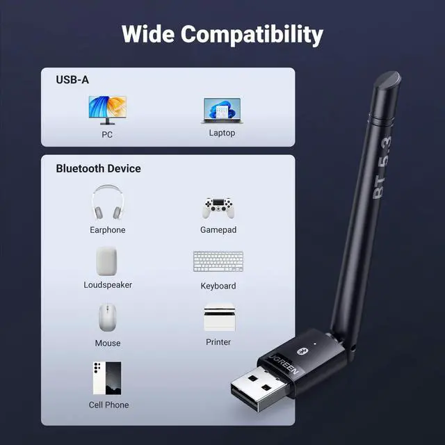 Alt view image 7 of 7 - UGREEN Long Range Bluetooth 5.3 Adapter for PC, USB Bluetooth Dongle, Wireless Bluetooth Transmitter Receiver for Bluetooth Mouse Keyboard Headphones Speakers for Win11/10/8.1 (Plug & Play)