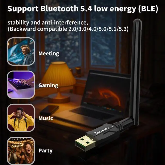 Alt view image 3 of 7 - USB Bluetooth 5.4 Adapter for Desktop PC: Long Range 500FT Wireless Dongle with 5dBi Antenna Plug & Play for Laptop Windows 11/10/8.1, Pair BT Headphones/Headset/Speaker/Mouse/Keyboard/Printer