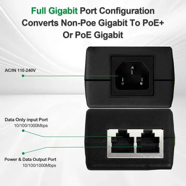 Alt view image 3 of 7 - ULTRAPOE Gigabit PoE+ Injector for Ethernet, 30W 48V with 10/100/1000Mbps & IEEE 802.3af/at Compliance. Extend Network Up to 100M (328 ft) Plug and PlayBlack