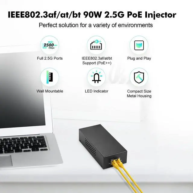 Alt view image 2 of 7 - 2.5 Gigabit PoE+ Injector 90W, 802.3af/at/bt Power Over Ethernet PoE Adapter, 100/1000/2500Mbps, Non-PoE to PoE Adapter, Plug & Play, Distance Up to 100 Meters (328 ft.)