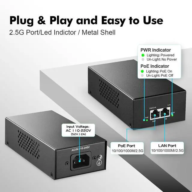 Alt view image 3 of 7 - 2.5 Gigabit PoE+ Injector 90W, 802.3af/at/bt Power Over Ethernet PoE Adapter, 100/1000/2500Mbps, Non-PoE to PoE Adapter, Plug & Play, Distance Up to 100 Meters (328 ft.)