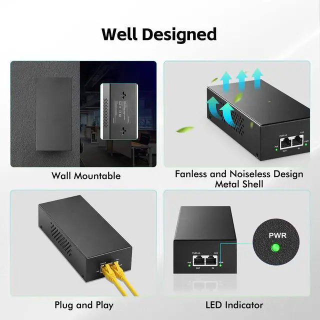 Alt view image 5 of 7 - 2.5 Gigabit PoE+ Injector 90W, 802.3af/at/bt Power Over Ethernet PoE Adapter, 100/1000/2500Mbps, Non-PoE to PoE Adapter, Plug & Play, Distance Up to 100 Meters (328 ft.)