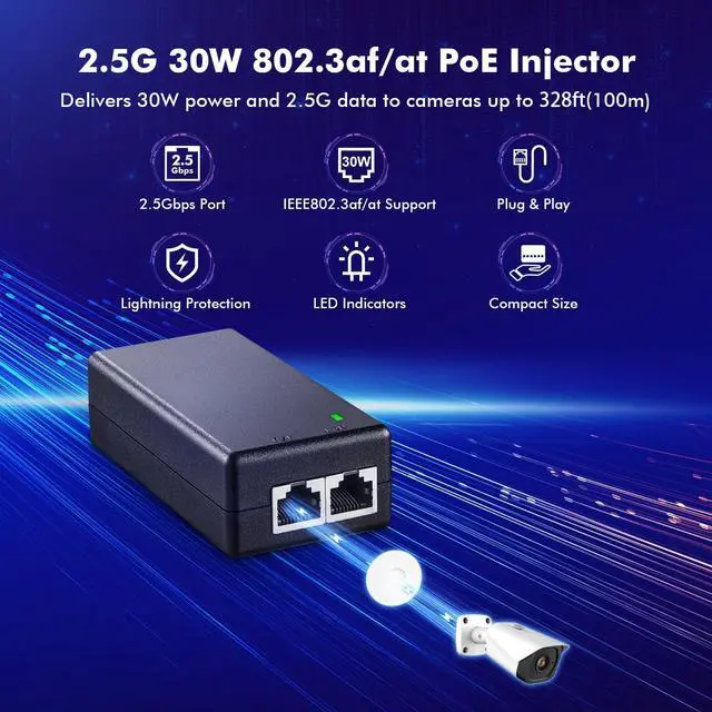 Alt view image 2 of 7 - MokerLink 2.5 Gigabit PoE Injector, 802.3af/at 30W, 2.5G/1G/100M Ethernet, Plug & Play, Non-PoE to PoE Adapter, Distance Up to 100 Meters (328 ft.)