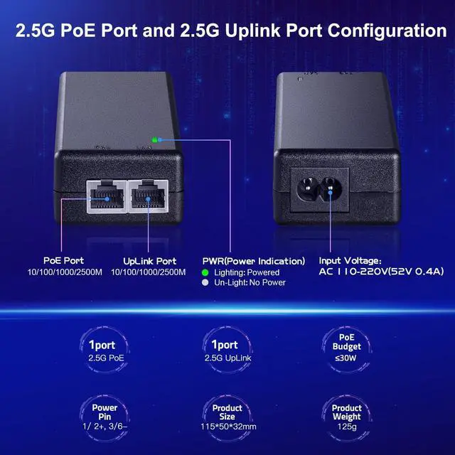 Alt view image 4 of 7 - MokerLink 2.5 Gigabit PoE Injector, 802.3af/at 30W, 2.5G/1G/100M Ethernet, Plug & Play, Non-PoE to PoE Adapter, Distance Up to 100 Meters (328 ft.)