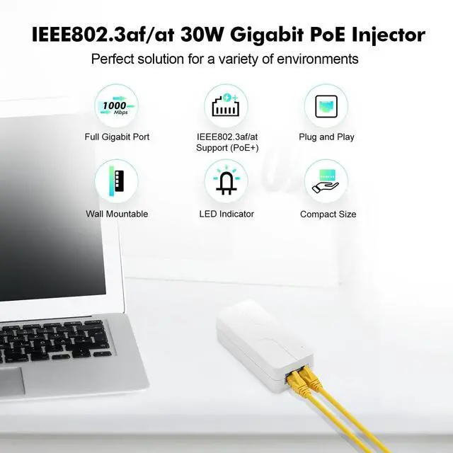 Alt view image 2 of 7 - Gigabit PoE Injector 30W, Supports IEEE 802.3af/at, YuLinca White Compact Power Over Ethernet Adapter, Plug and Play, Fanless Wall Mount Design with LED Indicator