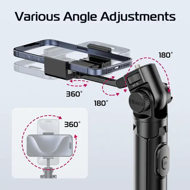 Alt view image 3 of 7 - ULANZI MT-70 Extendable Tripod, 63" Selfie Stick Vlog Tripod Stand with 2 Phone Clips as Teleprompter, 360° Rotate Camera Holder for iPhone, Sony, Canon, DJI Osmo Nano, Lightweight for Travel, Black