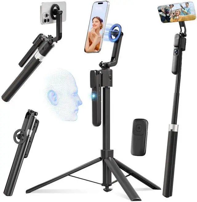 Main image of Magnetic Auto Face Tracking Tripod for iPhone that Follows Your Movement, 71" Portable Selfie Stick Tripod with Remote 360 Rotation, Magnetic Phone Tripod Stand for Vlogging, Travel, Video Recording