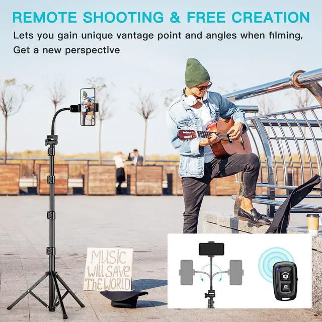 Alt view image 2 of 7 - 74" Flexible Phone Tripod, Tall Cell Phone Tripod with Adjustable Gooseneck & Remote, Portable Camera Cellphone Stand for Video Recording, Compatible with iPhone Android