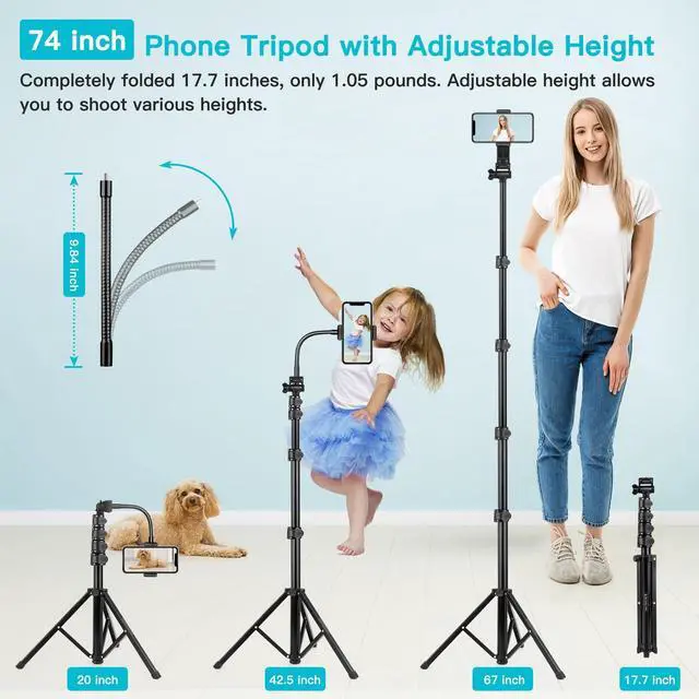 Alt view image 3 of 7 - 74" Flexible Phone Tripod, Tall Cell Phone Tripod with Adjustable Gooseneck & Remote, Portable Camera Cellphone Stand for Video Recording, Compatible with iPhone Android