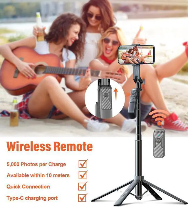 Alt view image 6 of 7 - Funxee Selfie Stick Phone Tripod - 71 inch Tall Cell Phone Holder with Detachable Wireless Remote and 2 LED Lights for Recording, Video and Picture, Phone Stand for iPhone, Android, Camera & Gopro