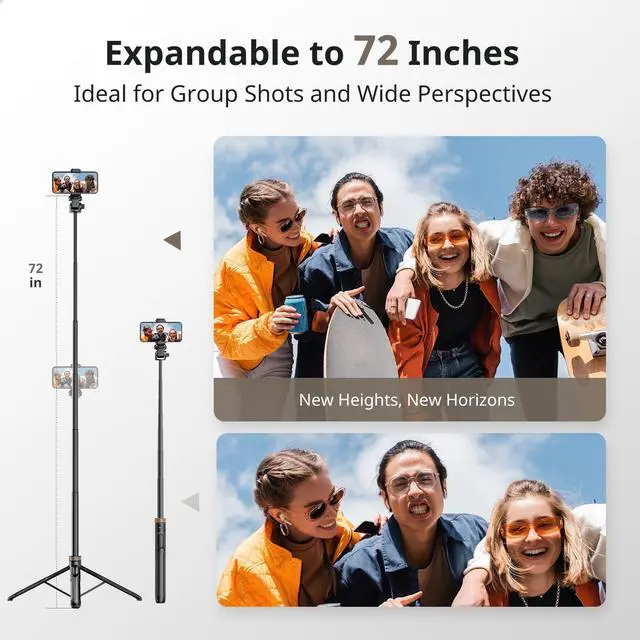 Alt view image 3 of 6 - Sensyne 72" Extendable Tripod for iPhone & Selfie Stick with Detachable Phone Holder & Wireless Remote, Compatible with All Cell Phones, Black