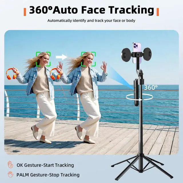 Alt view image 3 of 7 - Euoto Auto Face Tracking Selfie Stick Tripod for iPhone with Light 360 Rotation That Follows Your Movement 70.9" Camera Tripod Stand with Remote for Content Creator Vlog Live Stream Video Recording