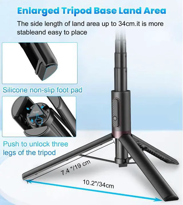 Alt view image 4 of 7 - TONEOF 67" Cell Phone Selfie Stick Tripod,Smartphone Stand All-in-1 with Integrated Wireless Remote,Portable,Lightweight,Extendable for iPhone/Android(Black)