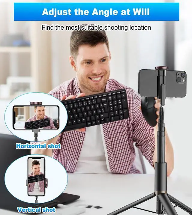 Alt view image 6 of 7 - TONEOF 67" Cell Phone Selfie Stick Tripod,Smartphone Stand All-in-1 with Integrated Wireless Remote,Portable,Lightweight,Extendable for iPhone/Android(Black)