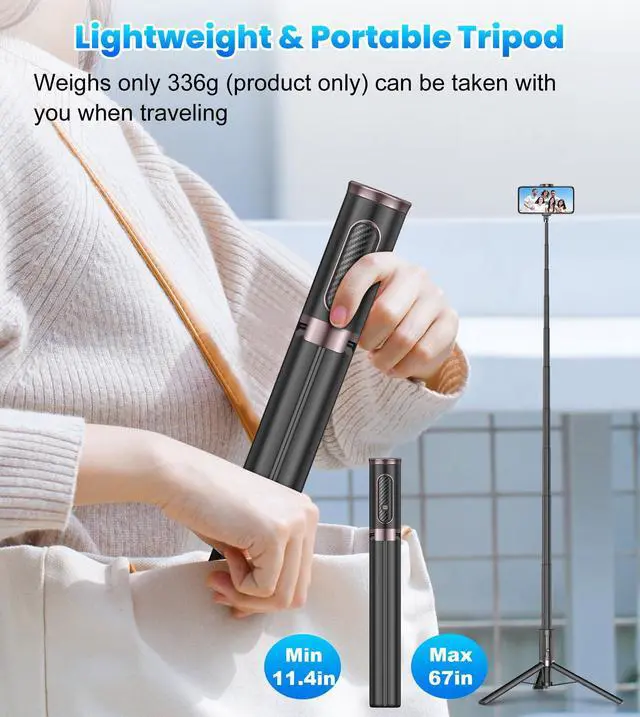 Alt view image 7 of 7 - TONEOF 67" Cell Phone Selfie Stick Tripod,Smartphone Stand All-in-1 with Integrated Wireless Remote,Portable,Lightweight,Extendable for iPhone/Android(Black)