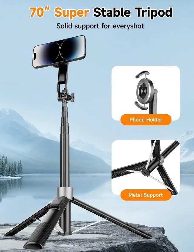 Alt view image 3 of 7 - 70" Magnetic Phone Tripod, Selfie Stick Tripod for iPhone Magsafe with Rechargeable Remote & 2 in 1 Magnetic Holder, Portable Cellphone Stand for Recording Travel, Compatible with iPhone and Android