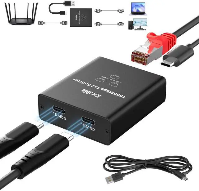 Main image of Ethernet Splitter 1 to 2 Out (Double USB-C Port), Upgrade Design RJ45 Splitter with USB A to C Power Cord, Gigabit LAN Internet Adapter, 1Gbps, RJ45 to Double Type-C Adapter, for Macbook to Ethernet