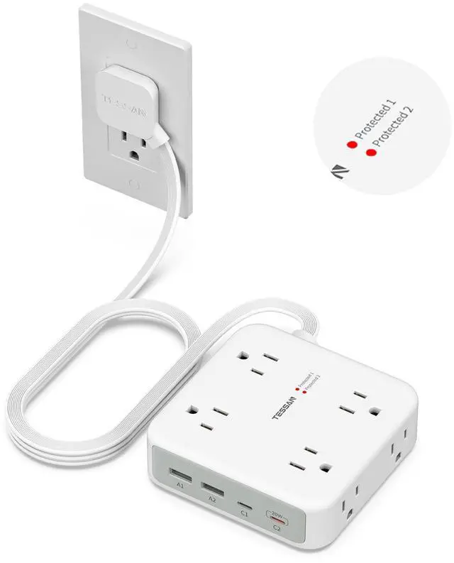 Main image of TESSAN Surge Protector Power Strip, 5 Ft Extension Cord Flat Wall Plug with 4 USB (2 USB C) 8 Outlets, 2100J Dual Surge Protection, 20W Multiple Charging Station for Home, Office, College, Dorm Room
