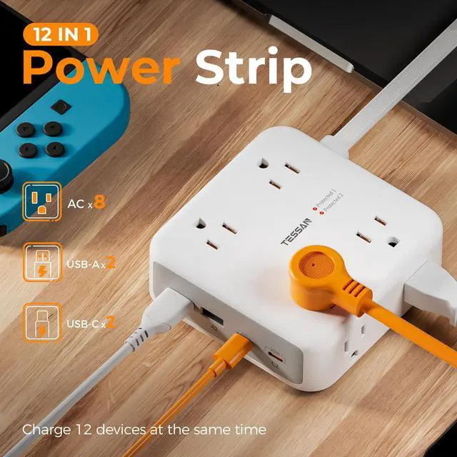 Alt view image 2 of 7 - TESSAN Surge Protector Power Strip, 5 Ft Extension Cord Flat Wall Plug with 4 USB (2 USB C) 8 Outlets, 2100J Dual Surge Protection, 20W Multiple Charging Station for Home, Office, College, Dorm Room