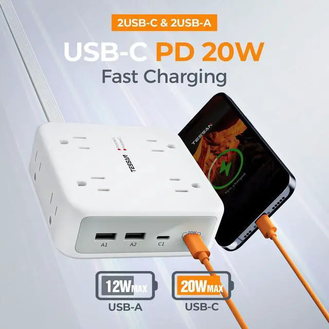 Alt view image 3 of 7 - TESSAN Surge Protector Power Strip, 5 Ft Extension Cord Flat Wall Plug with 4 USB (2 USB C) 8 Outlets, 2100J Dual Surge Protection, 20W Multiple Charging Station for Home, Office, College, Dorm Room
