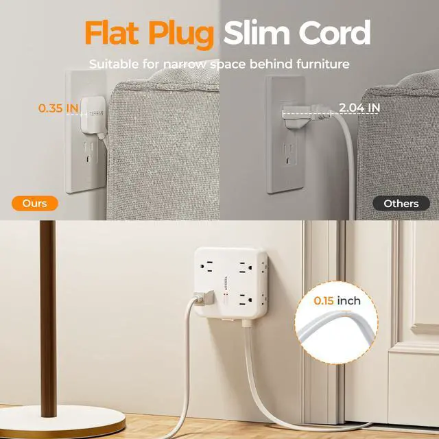 Alt view image 5 of 7 - TESSAN Surge Protector Power Strip, 5 Ft Extension Cord Flat Wall Plug with 4 USB (2 USB C) 8 Outlets, 2100J Dual Surge Protection, 20W Multiple Charging Station for Home, Office, College, Dorm Room