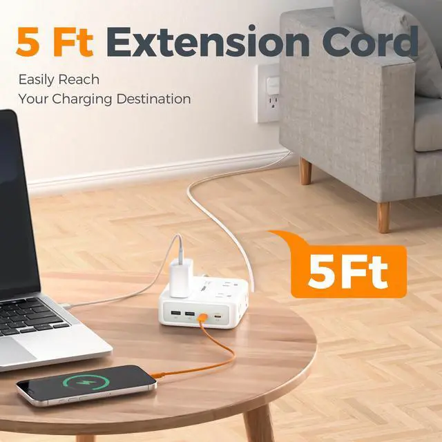 Alt view image 6 of 7 - TESSAN Surge Protector Power Strip, 5 Ft Extension Cord Flat Wall Plug with 4 USB (2 USB C) 8 Outlets, 2100J Dual Surge Protection, 20W Multiple Charging Station for Home, Office, College, Dorm Room