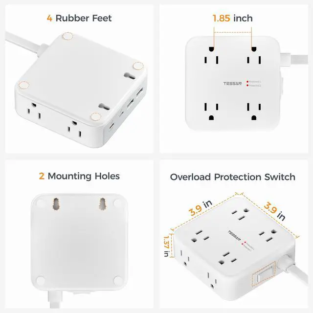 Alt view image 7 of 7 - TESSAN Surge Protector Power Strip, 5 Ft Extension Cord Flat Wall Plug with 4 USB (2 USB C) 8 Outlets, 2100J Dual Surge Protection, 20W Multiple Charging Station for Home, Office, College, Dorm Room