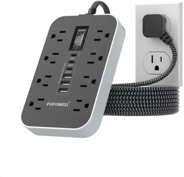 Main image of Power Strip Surge Protector- 5FT Flat Plug Extension Cord, 8 AC Outlet& 6 USB Ports(3 USB C), 1080 J Surge Protection, Desk Charging Station, Overload Switch, Home, Office, Gaming Room Essentials.