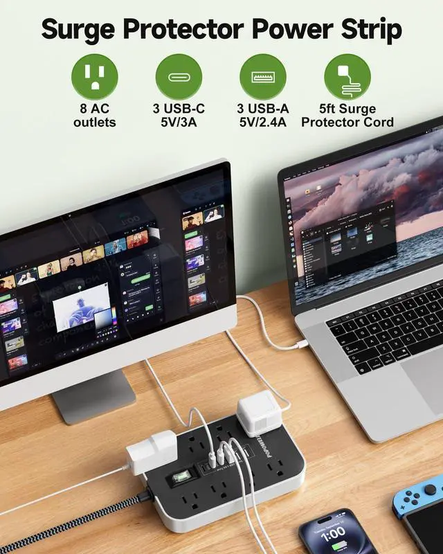 Alt view image 2 of 7 - Power Strip Surge Protector- 5FT Flat Plug Extension Cord, 8 AC Outlet& 6 USB Ports(3 USB C), 1080 J Surge Protection, Desk Charging Station, Overload Switch, Home, Office, Gaming Room Essentials.