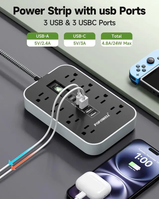 Alt view image 4 of 7 - Power Strip Surge Protector- 5FT Flat Plug Extension Cord, 8 AC Outlet& 6 USB Ports(3 USB C), 1080 J Surge Protection, Desk Charging Station, Overload Switch, Home, Office, Gaming Room Essentials.