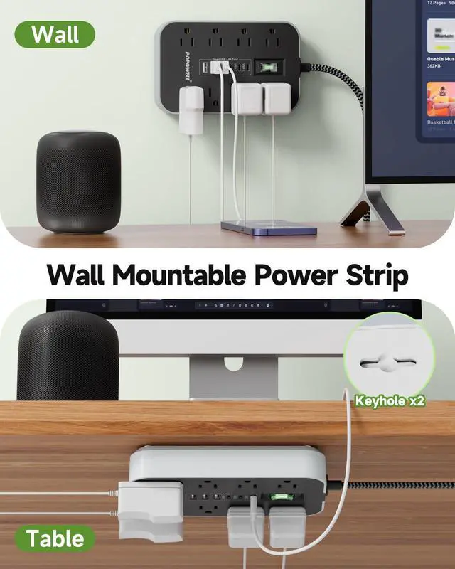 Alt view image 7 of 7 - Power Strip Surge Protector- 5FT Flat Plug Extension Cord, 8 AC Outlet& 6 USB Ports(3 USB C), 1080 J Surge Protection, Desk Charging Station, Overload Switch, Home, Office, Gaming Room Essentials.