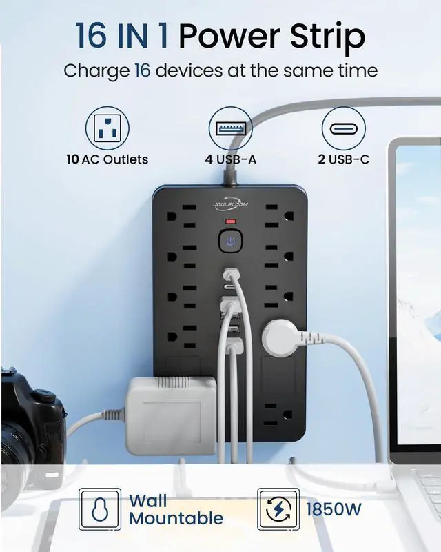Alt view image 2 of 7 - JouleLoom Surge Protector Power Strip,10 Outlets(1850W/15A) with 6 USB Ports (2 USB C), 6 Feet Extension Cord Wall Mount Power Strip, ETL Listed for Home, Dorm Room