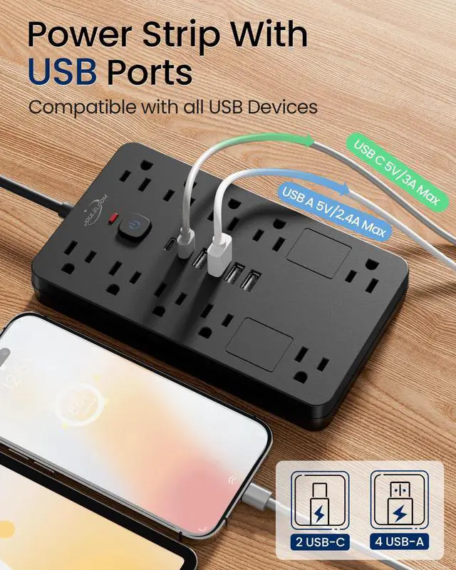 Alt view image 3 of 7 - JouleLoom Surge Protector Power Strip,10 Outlets(1850W/15A) with 6 USB Ports (2 USB C), 6 Feet Extension Cord Wall Mount Power Strip, ETL Listed for Home, Dorm Room