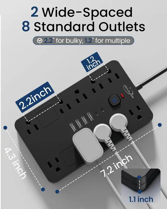 Alt view image 4 of 7 - JouleLoom Surge Protector Power Strip,10 Outlets(1850W/15A) with 6 USB Ports (2 USB C), 6 Feet Extension Cord Wall Mount Power Strip, ETL Listed for Home, Dorm Room