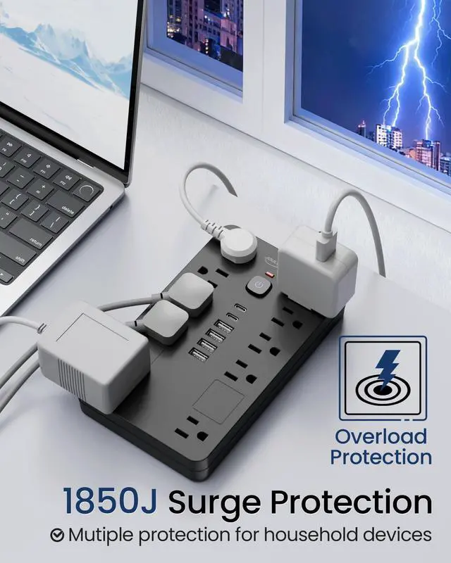Alt view image 6 of 7 - JouleLoom Surge Protector Power Strip,10 Outlets(1850W/15A) with 6 USB Ports (2 USB C), 6 Feet Extension Cord Wall Mount Power Strip, ETL Listed for Home, Dorm Room
