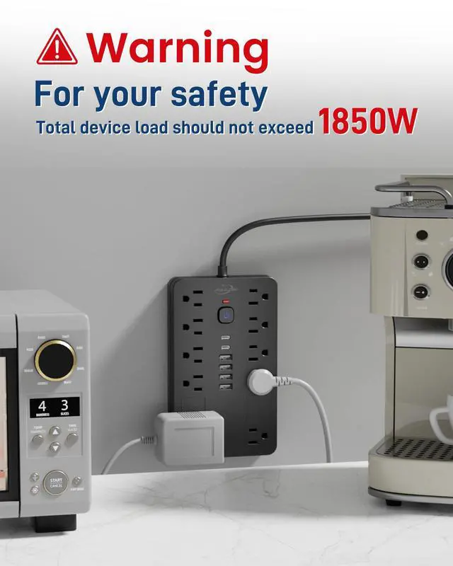 Alt view image 7 of 7 - JouleLoom Surge Protector Power Strip,10 Outlets(1850W/15A) with 6 USB Ports (2 USB C), 6 Feet Extension Cord Wall Mount Power Strip, ETL Listed for Home, Dorm Room