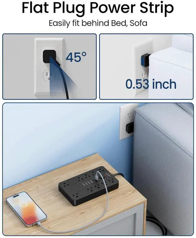 Alt view image 5 of 7 - JouleLoom Surge Protector Power Strip,10 Outlets(1850W/15A) with 6 USB Ports (2 USB C), 6 Feet Extension Cord Wall Mount Power Strip, ETL Listed for Home, Dorm Room