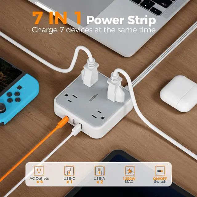 Alt view image 4 of 7 - TESSAN Surge Protector Flat Extension Cord 5Ft, Flat Plug Power Strip with 4 Outlets 3 USB Ports (1 USB C), 900 Joules Protection, Multiple Wall Outlet Extender Suitable for Home Office Dorm, Grey
