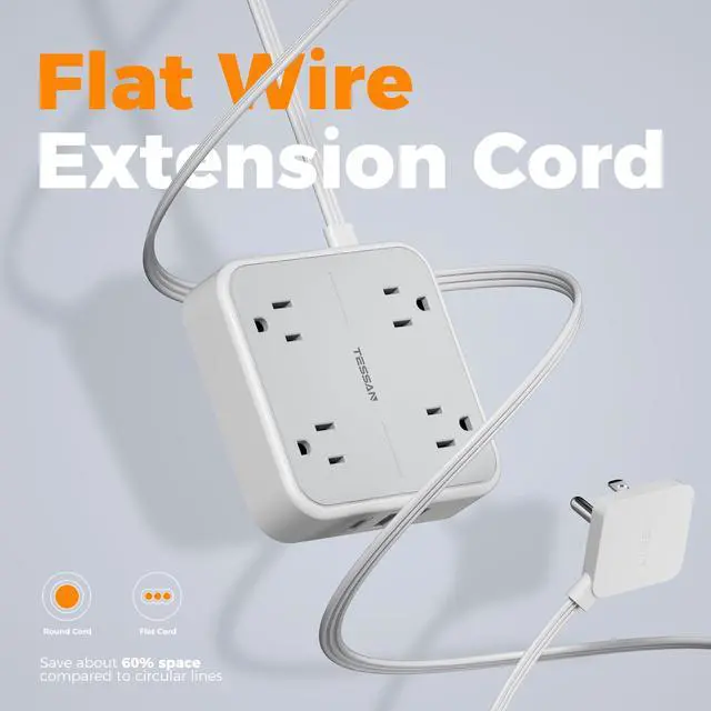 Alt view image 7 of 7 - TESSAN Surge Protector Flat Extension Cord 5Ft, Flat Plug Power Strip with 4 Outlets 3 USB Ports (1 USB C), 900 Joules Protection, Multiple Wall Outlet Extender Suitable for Home Office Dorm, Grey