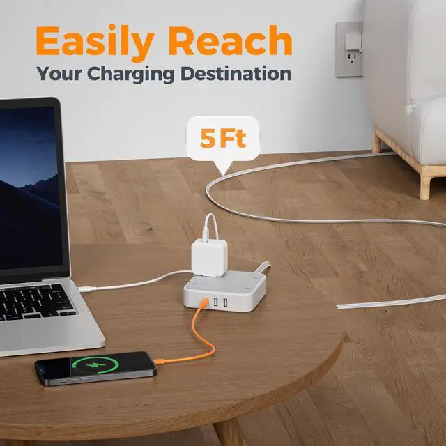 Alt view image 5 of 7 - TESSAN Surge Protector Flat Extension Cord 5Ft, Flat Plug Power Strip with 4 Outlets 3 USB Ports (1 USB C), 900 Joules Protection, Multiple Wall Outlet Extender Suitable for Home Office Dorm, Grey