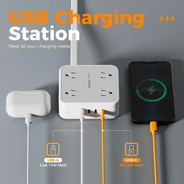 Alt view image 2 of 6 - Surge Protector Power Strip, TESSAN 5 FT Extension Cord with Multiple Outlets Flat Plug, 4 USB (3 USB C) and 8 AC Outlets, 900J Protection, Wall Mount Charging Station for Home Office Supplies