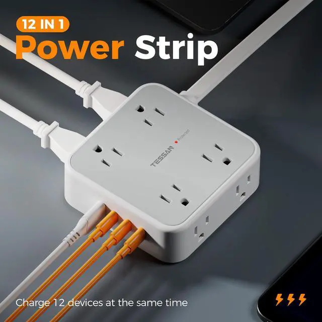 Alt view image 3 of 6 - Surge Protector Power Strip, TESSAN 5 FT Extension Cord with Multiple Outlets Flat Plug, 4 USB (3 USB C) and 8 AC Outlets, 900J Protection, Wall Mount Charging Station for Home Office Supplies